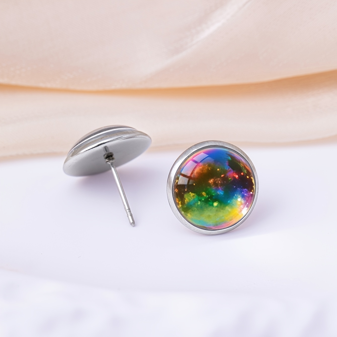 Rainbow Nebula Glass Pattern Round Stud Earrings